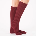 Deep red knit over-knee leg warmers with cable knit cuffs and vertical ribbed pattern - Burgundy
