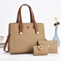 Three-piece women's handbag set in khaki woven fabric with brown faux leather trim - Yellow