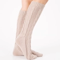 Beige cable knit leg warmers in a stylish mid-calf length for winter home wear - Beige