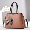Vintage brown leather large capacity handbag with leopard ribbon and floral charm - 30x13x22cm / Pink