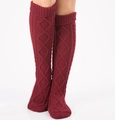 Classic burgundy cable knit leg warmers in a soft over-the-knee crochet style - Burgundy