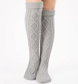Light grey cable knit thigh high socks with diamond pattern for autumn winter - Light Gray