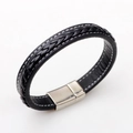 Klassisches schwarzes geflochtenes PU-Lederarmband mit weißer Naht und silberner Schließe - Schwarz