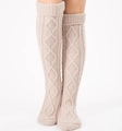 Knee-high oatmeal cable knit leg warmers for women in thick winter crochet pattern - Beige