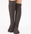 Thigh-high cable knit leg warmers in dark coffee brown with diamond pattern - Dark Gray