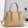 Elegant khaki lychee grain leather handbag with gold metal buckles and crossbody strap - Khaki