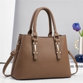 Elegant brown litchi pattern leather handbag with gold metal hardware and shoulder strap - Coffee