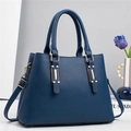 Navy blue multi-layer tote bag in litchi faux leather with gold hardware for women - Blue