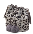 Faux fur leopard print bucket bag in grey and black with brown leather straps - Grey Leopard