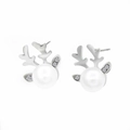 Elegant silver reindeer antler stud earrings with white pearl and micro-pave crystals - Silver
