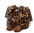 Leopard print faux fur bucket bag with drawstring closure and decorative plush pom-poms - Brown Leopard