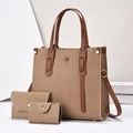 Three-piece woven canvas tote bag set with brown faux leather trim and gold hardware - One Size(26x11x25cm) / Yellow