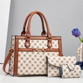 Three-piece women's tote bag set with geometric pattern and brown leather straps - Off-white