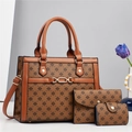 Brown monogram 3-piece set with tote bag, clutch and purse featuring gold chain link - Khaki/Earth Yellow