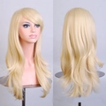 Vista frontal y trasera de peluca larga rubia ondulada de 70 cm para cosplay con flequillo - Dorado