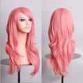 Peluca larga ondulada de 70 cm para cosplay en rosa con flequillo, vista frontal y trasera - Rosa Ahumado