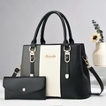 Borsa tote patchwork a tre colori con portafoglio coordinato e dettagli dorati in grigio e nero - Nero