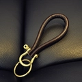 Vintage brown leather keychain with handmade brass horseshoe D-ring and metal keyring - Coffee
