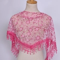 Bright pink floral lace triangle headscarf with sequined embroidery and fringe tassels - 125-36cm / Rose Red