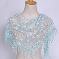 Elegant light blue lace shawl with white floral embroidery and tassel fringe edges - 125-36cm / Light Blue
