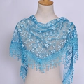Blue lace triangle shawl featuring white floral embroidery and delicate ball fringe - 125-36cm / Sky Blue