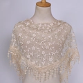 Elegant champagne lace triangular headscarf with white floral embroidery and tassel fringe - 125-36cm / Beige