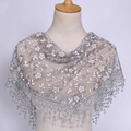 Elegant silver lace triangular veil with floral embroidery and beaded tassel fringe - 125-36cm / Gray
