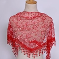Elegant red lace shawl with floral embroidery, shiny sequins and tassel details for women - 125-36cm / Red