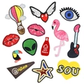 Set of 13 colorful DIY embroidered patches including flamingo, hearts, and hot sauce bottle - Full Set (13 Pcs)