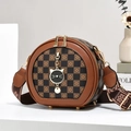 Minimalist round crossbody bag featuring brown checkered pattern and cat pendant detail - Round Checkerboard Cat Charm Style / Coffee