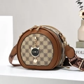 Minimalist round crossbody bag with brown leather, checkered pattern and cat charm - Round Checkerboard Cat Charm Style / Khaki