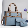 Three-piece light blue pleated handbag set with brown leather trim and gold chain details - 28x11x21cm / Blue