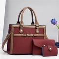 Three-piece set of wine red tote bags with vertical striped texture and gold hardware - Red