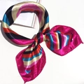 Silk neck scarf with vibrant magenta and blue stripes tied in a decorative bow knot - 5020 Rose Red Stripes