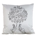 DIY coloring pillowcase featuring a black and white tree line art with figures - Satin / Headphones Couple (AM28)