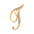 Detailed view of a gold-plated brooch in letter J shape with sparkling rhinestones - Letter T / Gold