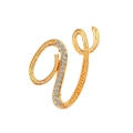 Close-up of golden letter V brooch featuring cursive design and sparkling rhinestones - Letter V / Gold