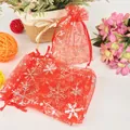 Red organza Christmas gift bag with silver snowflake print and drawstring closure - 7*9cm / Red Snowflake Silver Stamping