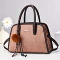 Elegant pink striped tote bag with brown leather handles and decorative tassel ornament - Pink