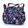 Donkerpaarse nylon crossbodytas met bloemenpatroon en meerdere ritscompartimenten - Paars Gebloemd