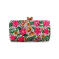 Macro detail of luxury evening bag featuring colorful rhinestones and floral enamel work - Silver Rose Red Flower