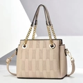 Beige checkered woven leather handbag with gold chain handle and adjustable shoulder strap - Light Khaki