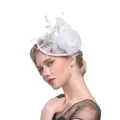 Elegant white fascinator hat with feathers and lace flowers for bridal wedding party - White