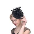 Elegante cappello nero con piume e rete a fiori per matrimoni e feste formali da donna - Nero