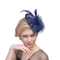 Elegant navy blue pillbox hat with mesh veil and feathers for wedding or party events - Navy Blue