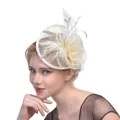 Elegant white fascinator hat with vintage mesh flowers and feathers for weddings - Beige
