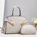 Fashionable beige macaron tote bag set with matching small pouch and golden hardware - Off-white