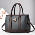 Elegant two-tone brown and grey women's tote bag with vertical texture and gold logo - 30cm x 13cm x 21cm / Gray