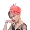 Elegant coral pink fascinator hat with mesh flowers and feathers for bridal banquets - Watermelon red