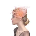 Elegant peach fascinator hat with mesh floral pattern and feathers for weddings - Champagne